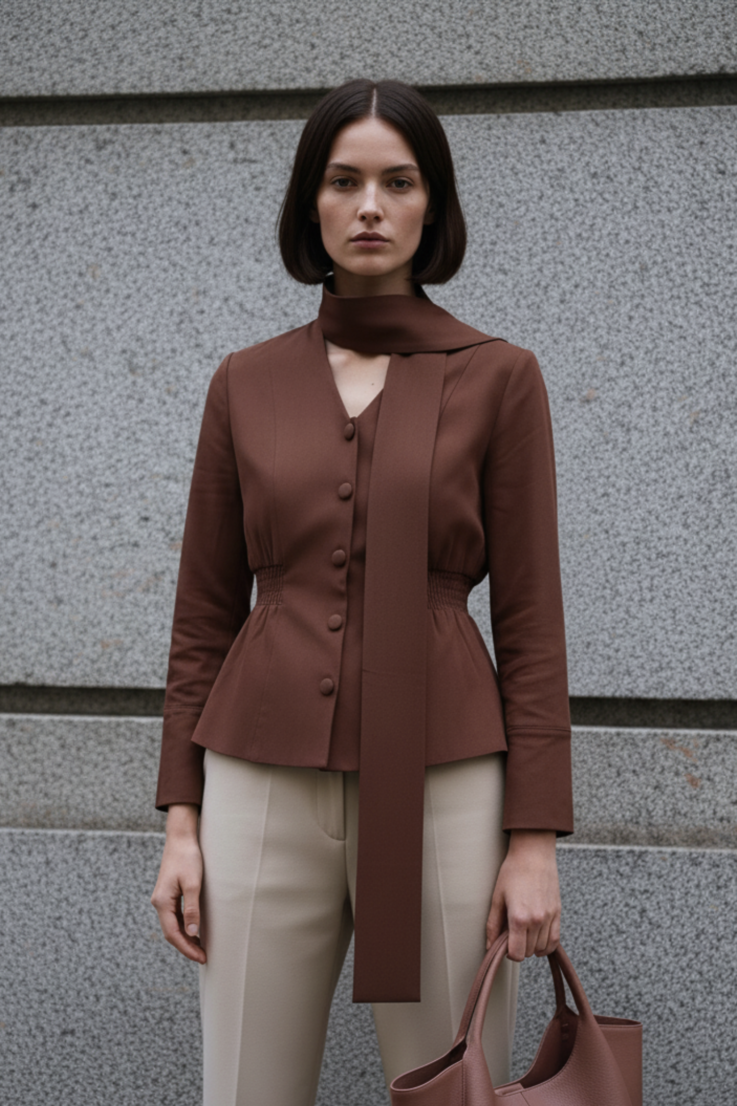 Woman wearing a brown jacket and beige pants against a gray wall.