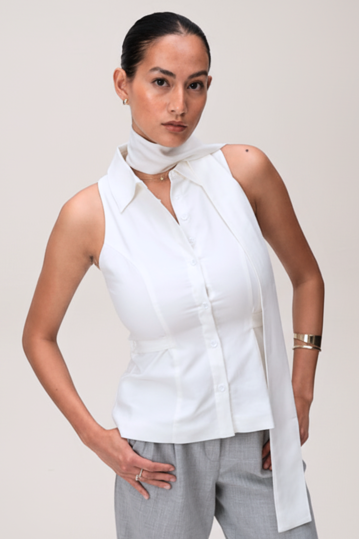The Swan Tailored Sleeveless Shirt with Scarf