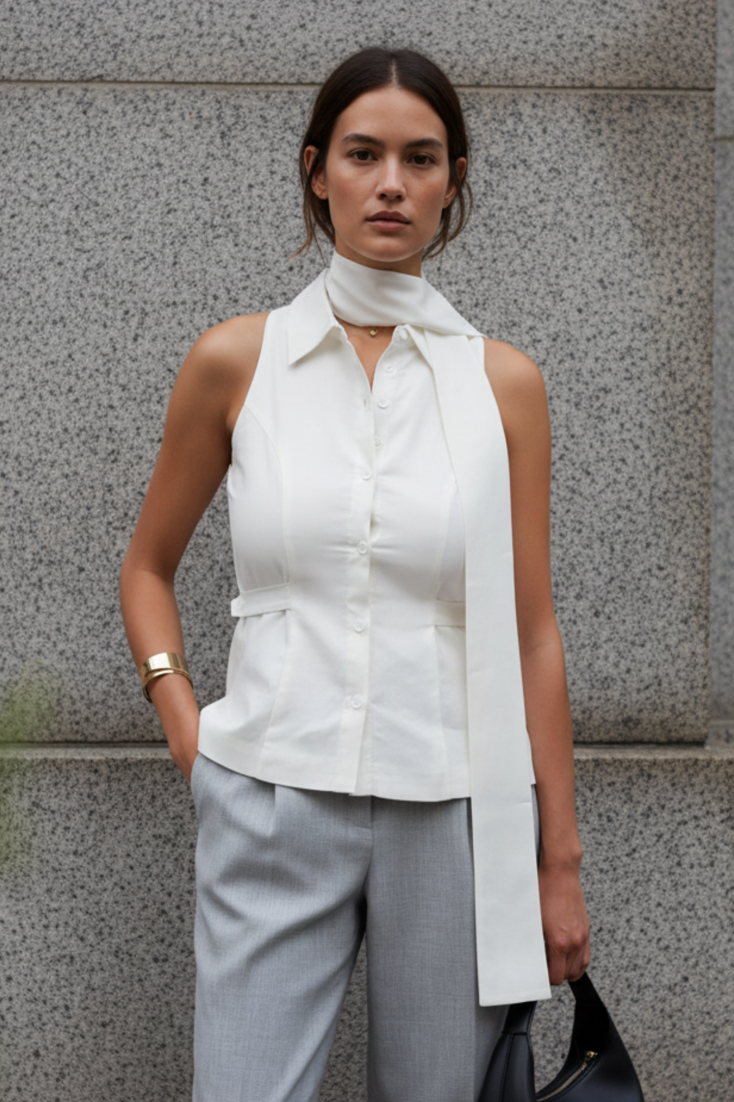 The Swan Tailored Sleeveless Shirt with Scarf