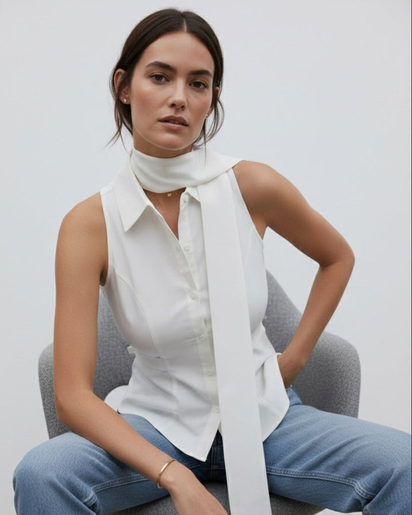 Woman wearing a white sleeveless shirt with a long white scarf sitting on a gray chair.