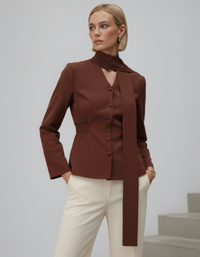 Woman wearing a brown blouse with a high collar and beige pants on a light gray background